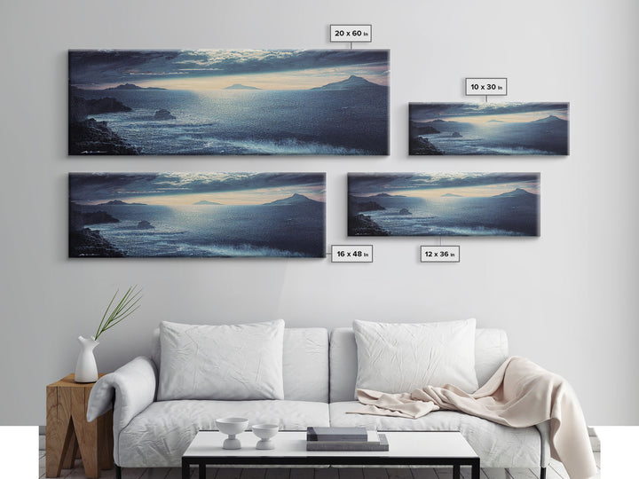 Storm Torrent Over A Steel Grey Sea, Gloomy Wall Art, Framed Ready To Hang Canvas Print