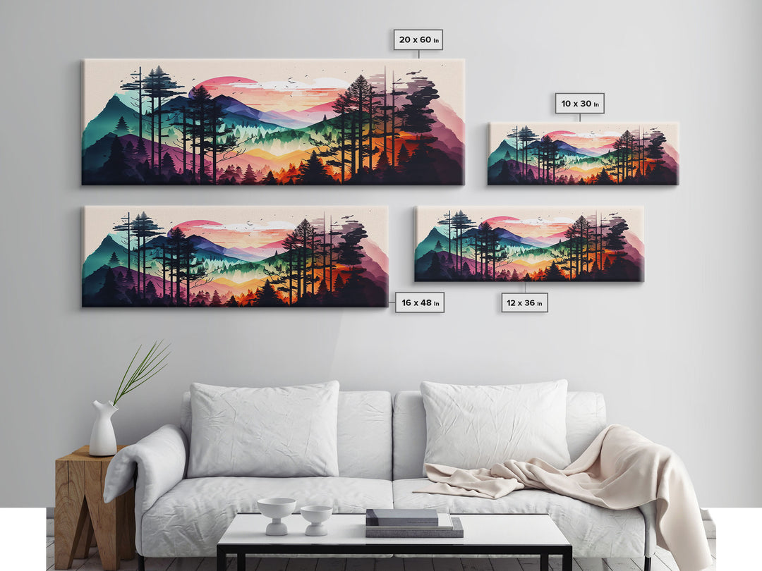 Vibrant Double Exposure Watercolor of a Mountain Landscape and Pine Tree Forest at Sunset, Wide Panoramic Framed Canvas Print