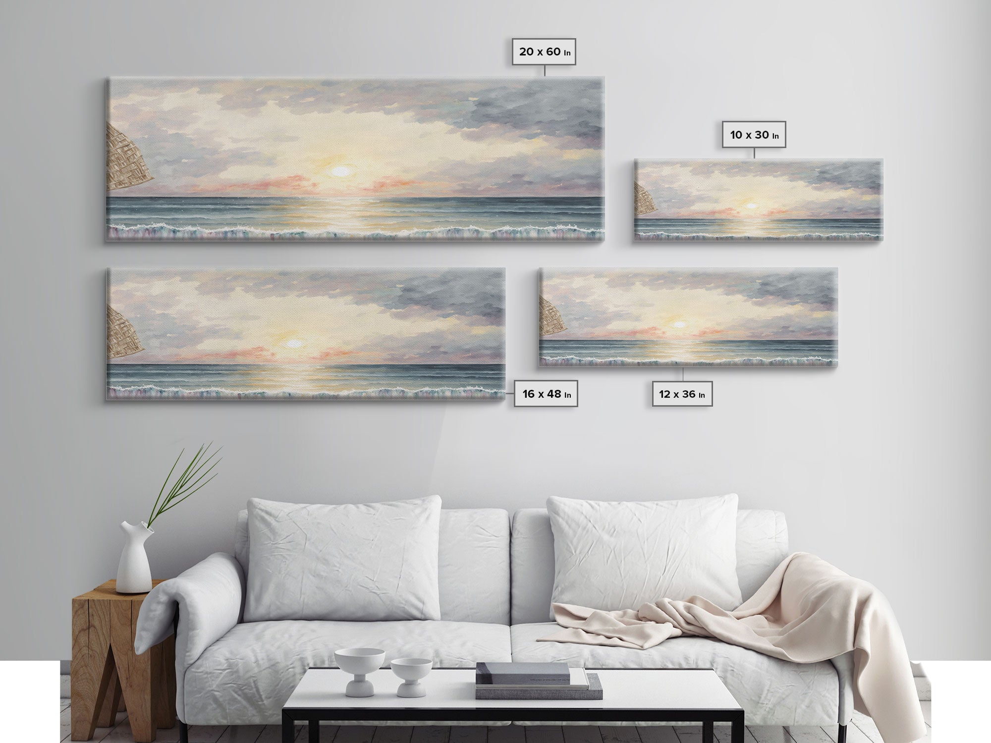 Whimsical Beach Art Watercolor, Framed Canvas Print, Panoramic Lakehouse Art, Light Pastels, Ultra Wide Format Above Bed Art