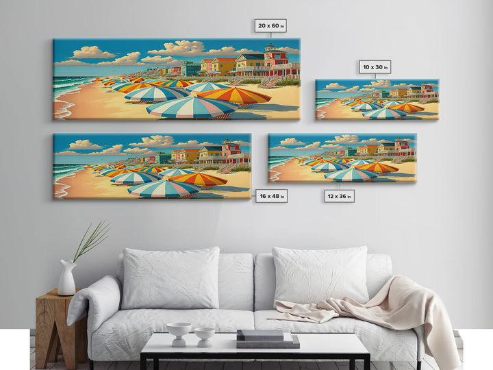 The Beach Boardwalk, Beach Umbrellas, Framed Canvas Print, Colorful Panoramic Beach Art, Midcentury Modern Style Wall Art