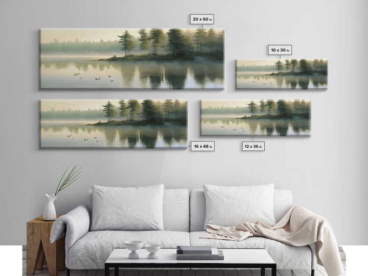 Panoramic Canvas Print of Pacific NW Lake & Forest in Soft Watercolor - Foggy Pine Trees - Framed Wall Art Decor - Framed Wall Art