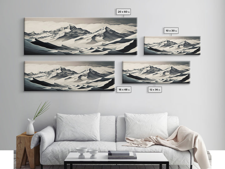 Stunning Panoramic Framed Canvas Print - Black and White Watercolor Landscape Painting - Snow Covered Mountain Art