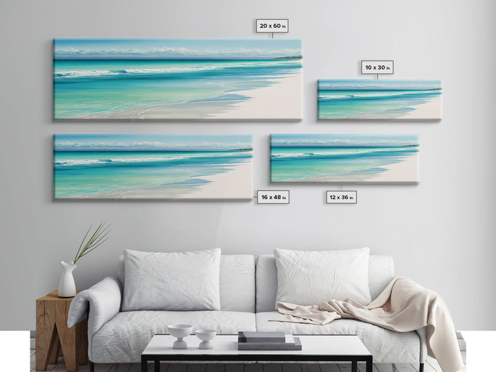 Blue Beach and Ocean Waves Panoramic Framed Canvas Print - Perfect for Living Room, Bedroom, Office Decor