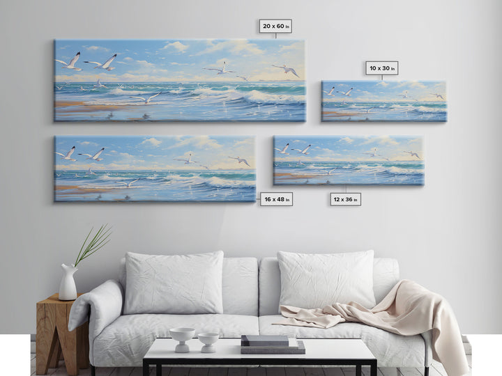 Blue Beach, Ocean Waves & Seagulls Panoramic Framed Canvas Print - Perfect for Living Room, Bedroom, Office Decor