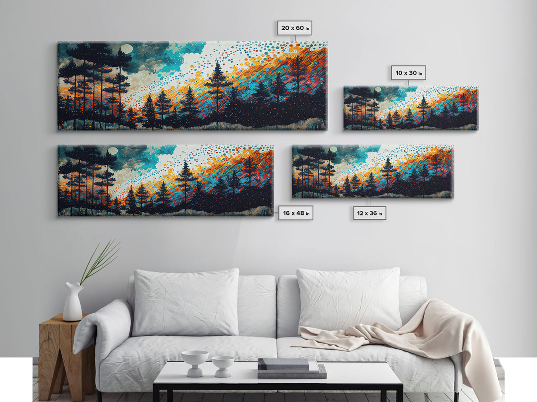 Extra large 24 x 72 wall art, framed canvas print, abstract pine tree forest painting, painting of a forest fire against a starry night sky