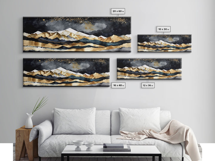 Black & Gold Mountain Landscape Painting, Framed Canvas Print, Panoramic Art, Extra Wide Art, Center Piece Decor, Above Fireplace or Sofa