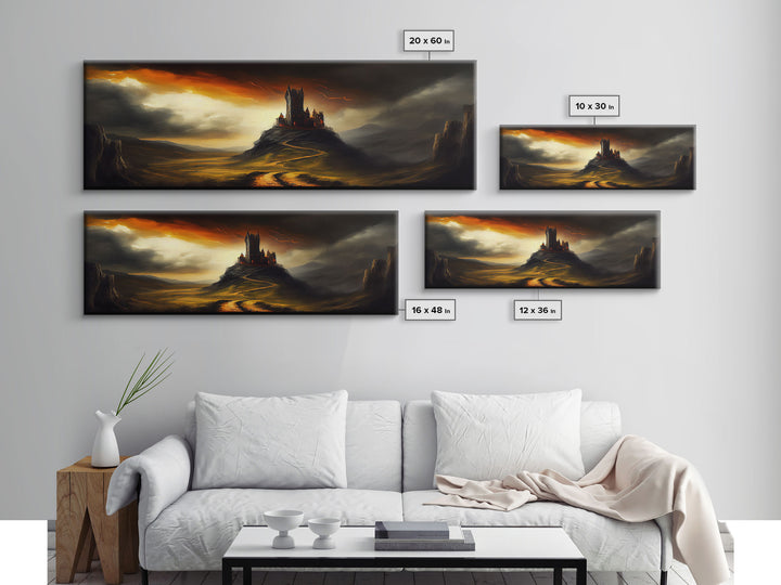 Panoramic Dark Fantasy Wall Art, Framed Canvas, Wood Frame Art, The Dark Castle Oil Painting Fantasy Decor, DND Art