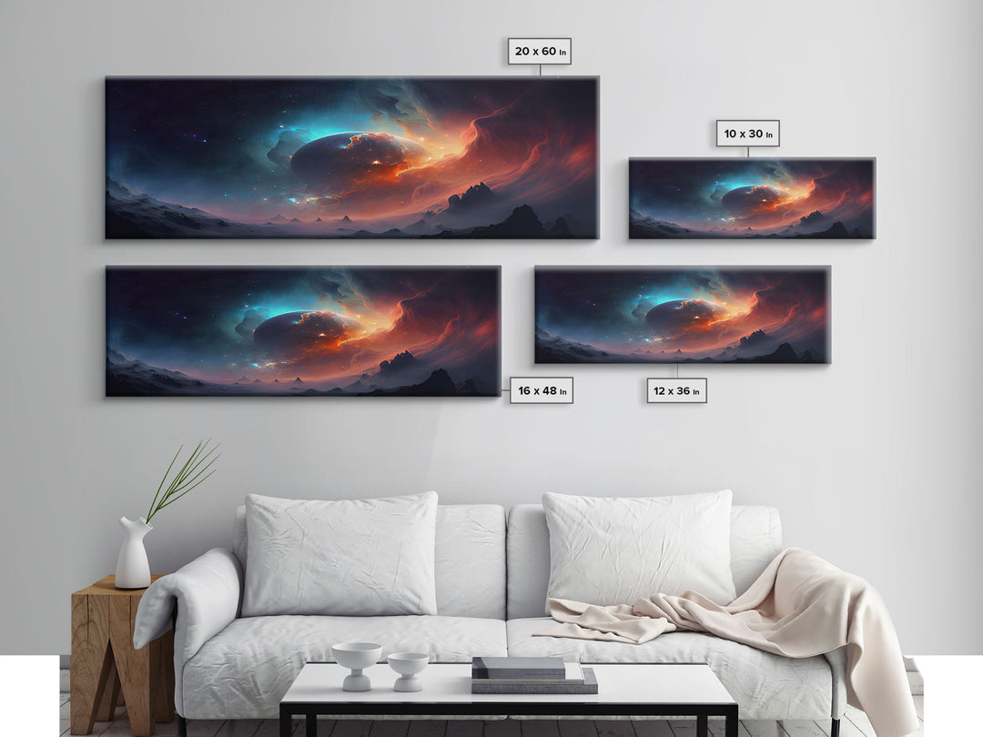 Beautiful Science Fiction Wall Art, Synthwave Style Scifi Art, Framed Canvas Print, Panoramic Alien Worlds and Star Filled Night Sky