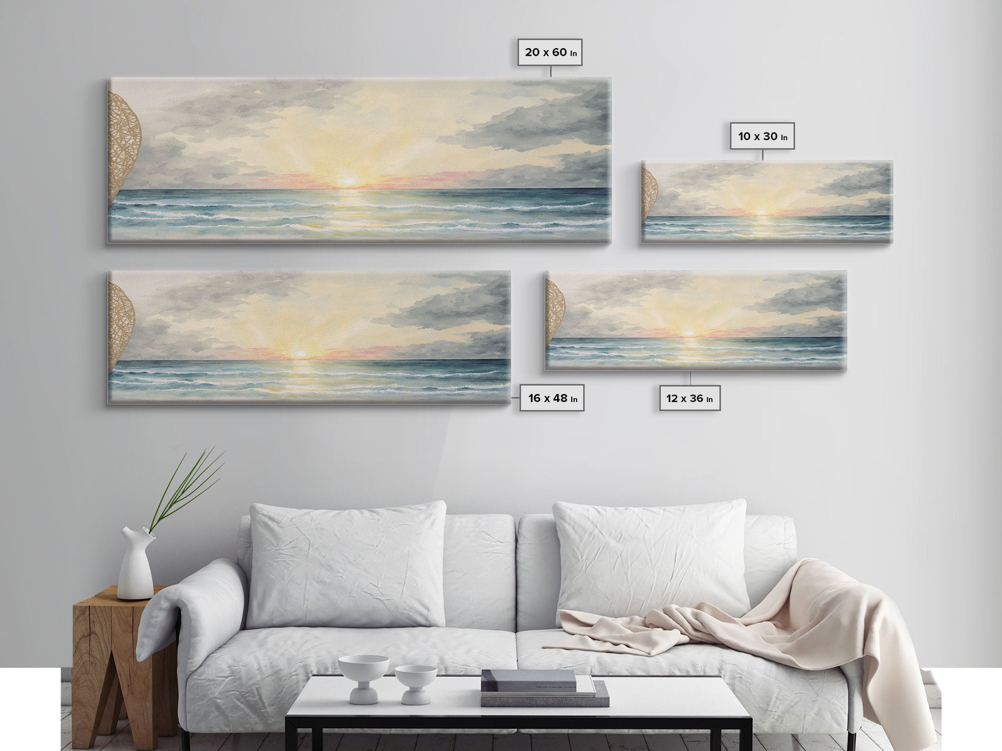 Panoramic Sea Canvas Oil Painting Print, Holiday Seascape Art, Blue Sky Cloud Mural Living Room Decor Painting Framed Wall Art