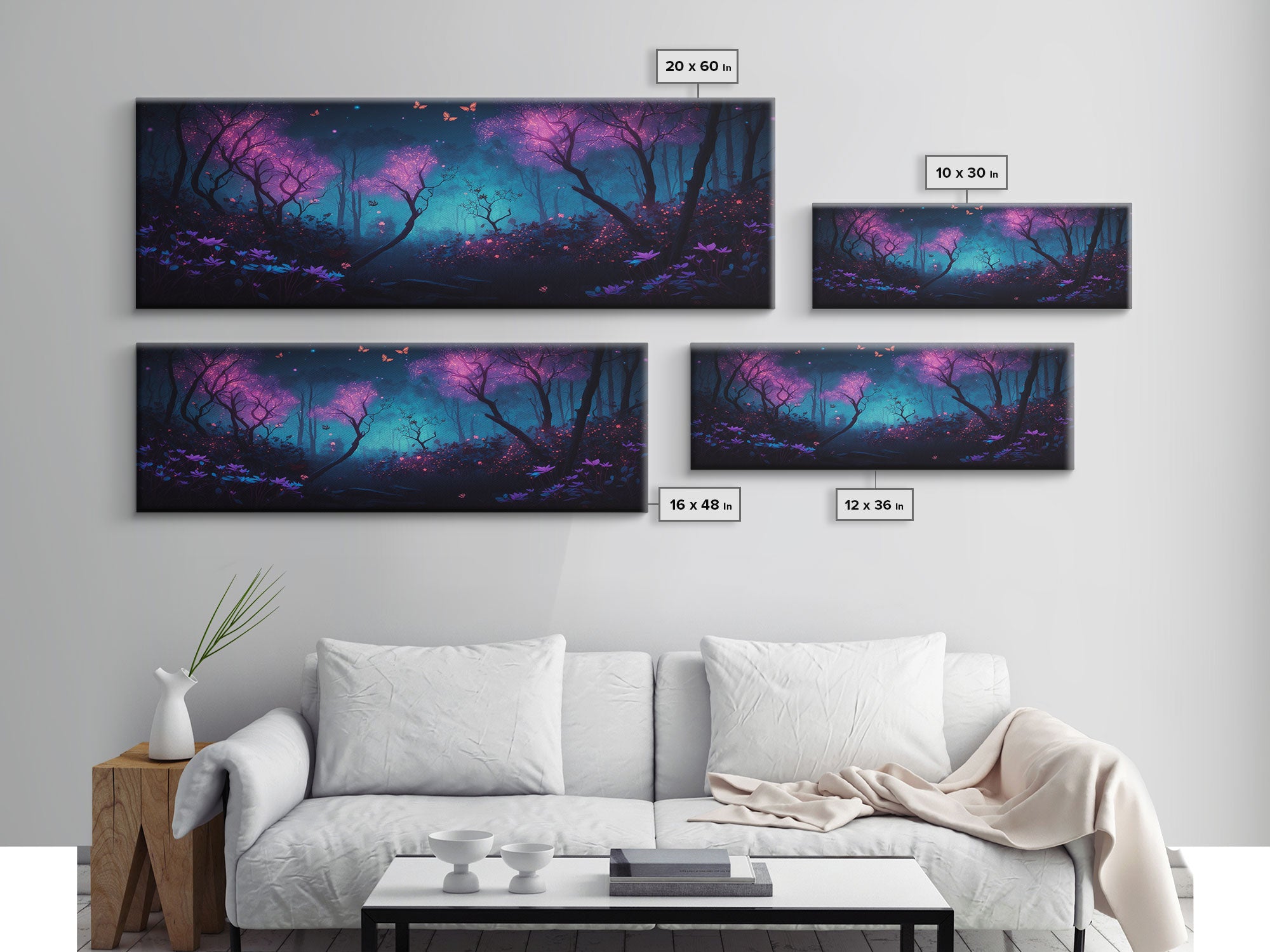 Beautiful Fantasy Forest, Framed Canvas Print, Fantasy Art, Butterflies and Fireflies Light up a Fairy Forest At Night, Framed Wall Art