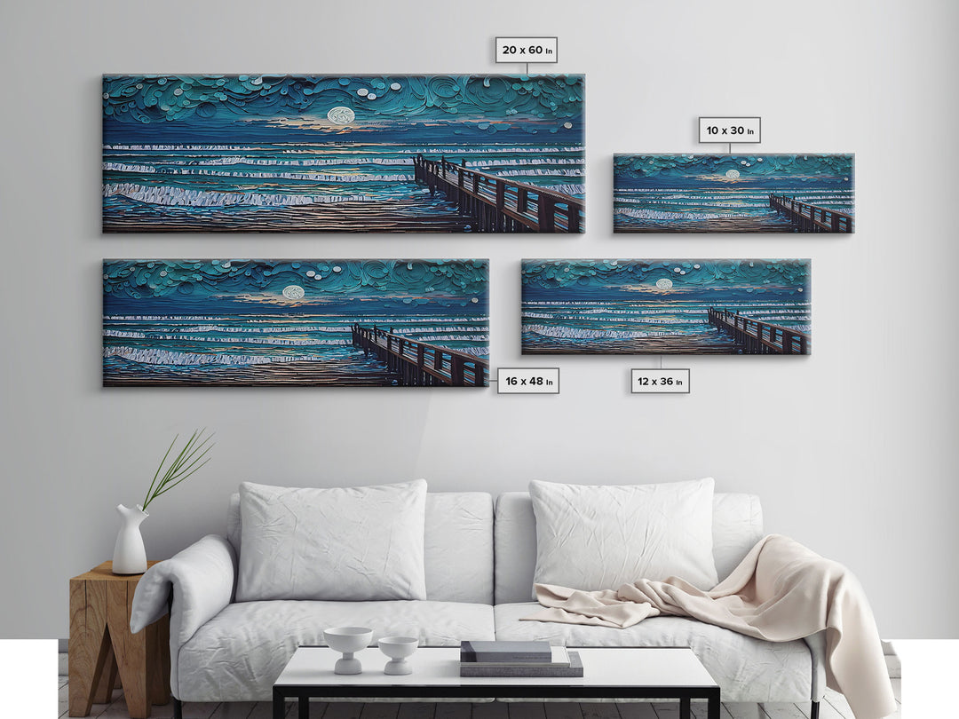 Panoramic Van Gogh Inspired Beach, Framed Canvas Print, Cool Painting, Full Moon Over Rolling Waves, Soothing Abstract Beach Decor