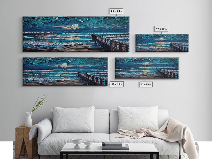 Panoramic Van Gogh Inspired Beach, Framed Canvas Print, Cool Painting, Full Moon Over Rolling Waves, Soothing Abstract Beach Decor