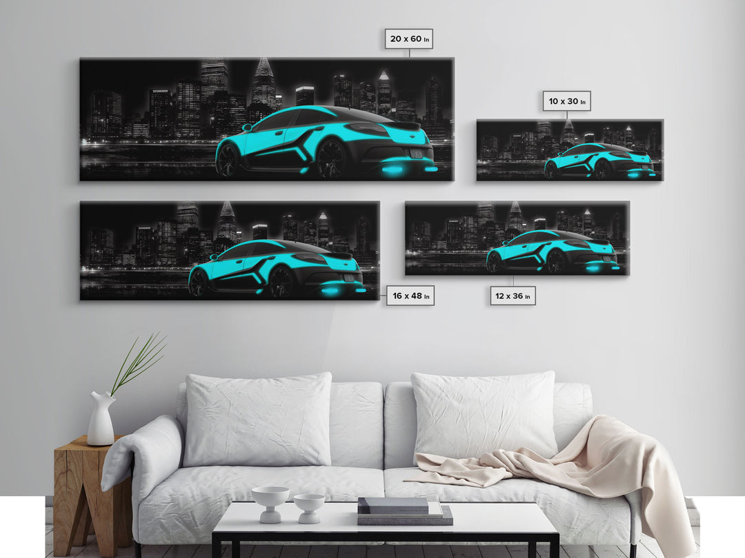 City Skyline Wall Art, Teal Sports Car,  Abstract Urban Art, Cityscape Art, Dark Night Large Urban Art, Panoramic, Wall Art, Canvas Print