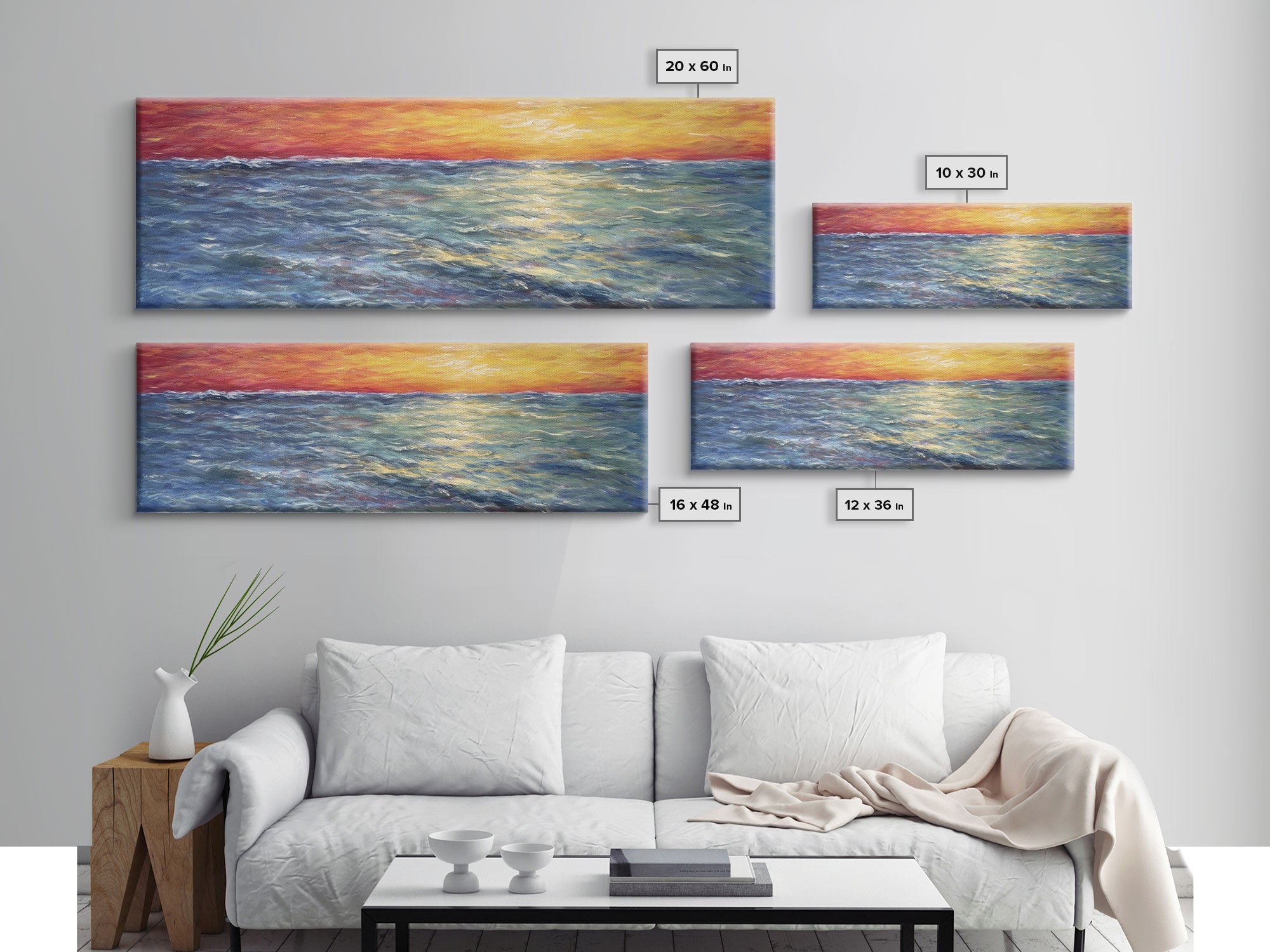 Vibrant Abstract, Framed Art, Sunset, Ocean, Abstract Sea Wall Art, Orange, Blue, Yellow, Abstract Nature, Panoramic, Wall Art, Canvas Print