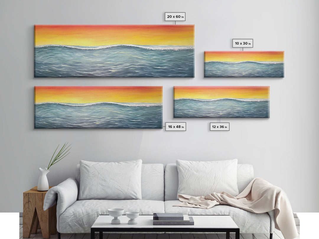 Seascape Canvas Art Print, Ocean, Waves, Horizon, Sunset, Orange, Blue, Yellow, Nature, Wall Decor, Panoramic, Wall Art, Canvas Print