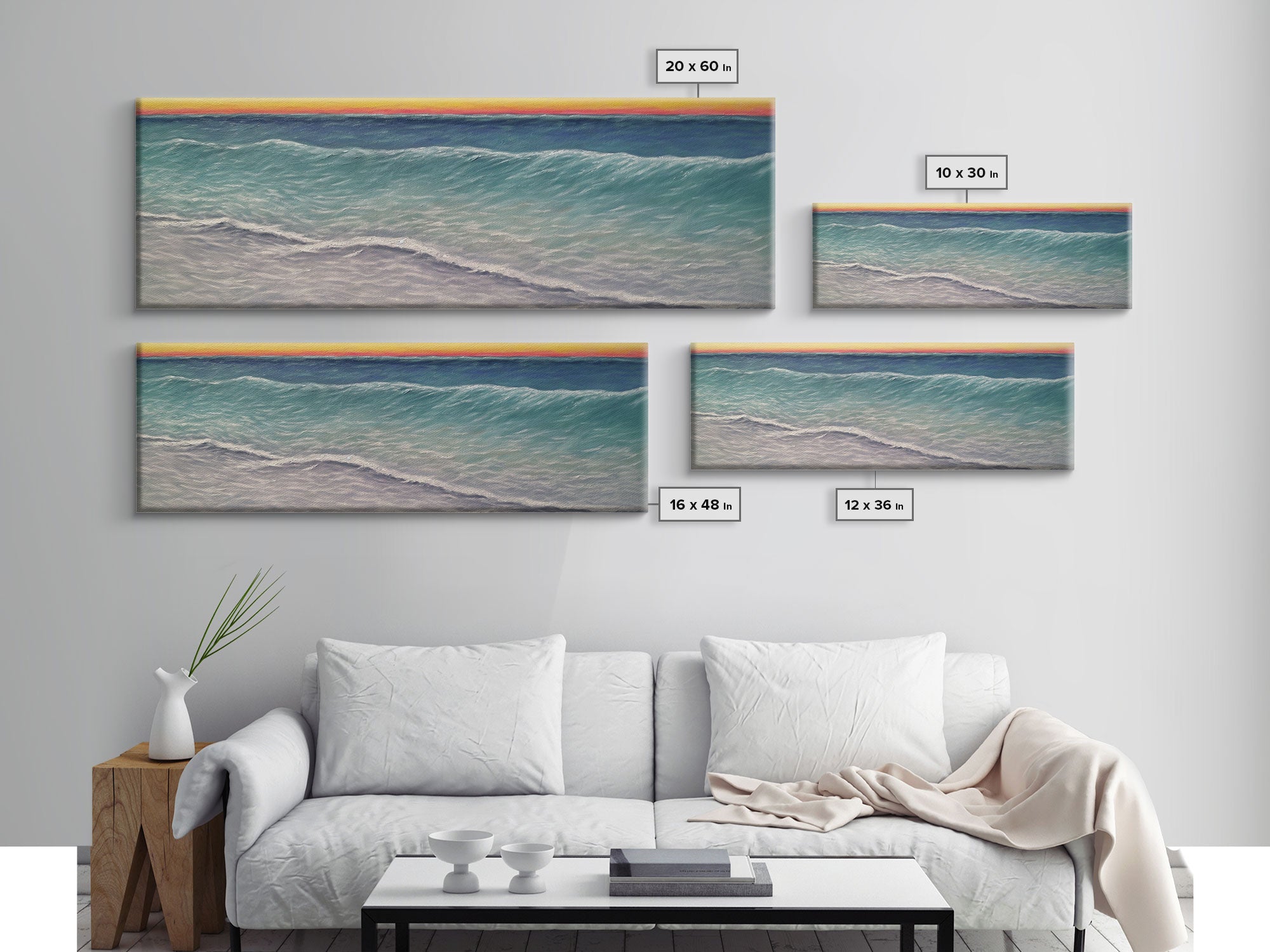 Textured Art Print, Seascape Canvas Art Print, Ocean, Waves, Horizon, Sunset, Orange, Blue, Wall Decor, Panoramic, Wall Art, Canvas Print