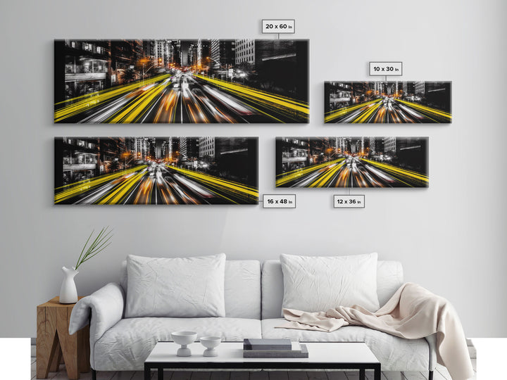 Long Exposure City Street Lights Wall Art, Urban Art Print, Night In The City, Streaks Of Light, Panoramic, Wall Art, Canvas Print