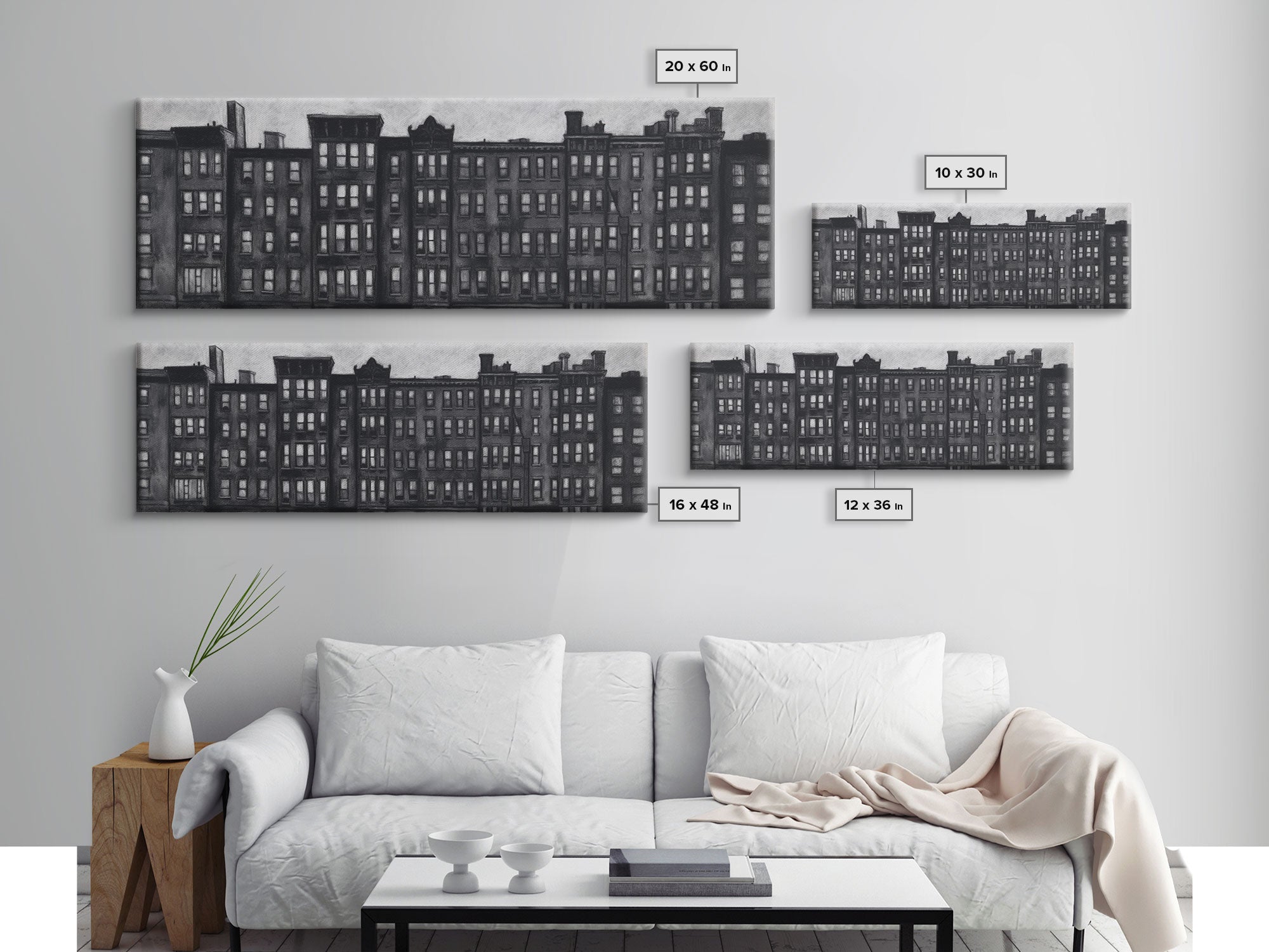 Row Of Buildings Pencil Sketch, Monochromatic Art, City Art, Large Urban Art Print, Wall Decor, Panoramic, Wall Art, Canvas Print