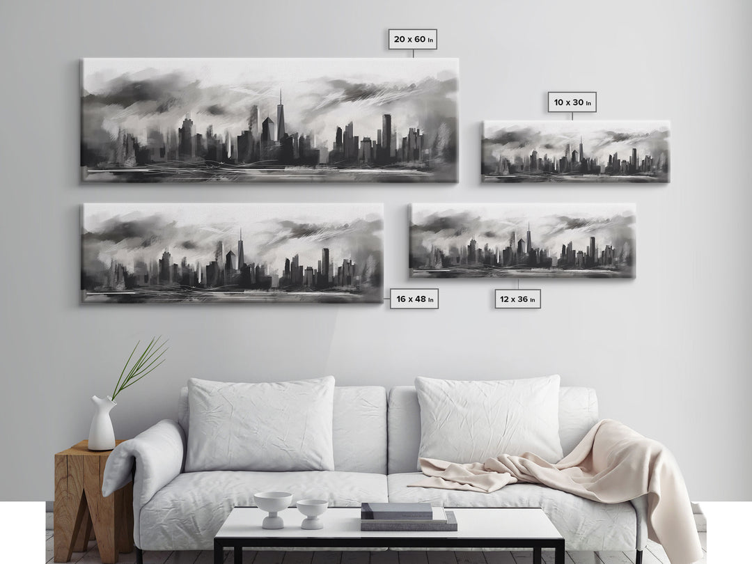 Abstract City Art, Cityscape Wall Art, City Skyline Wall Art, Black And White Urban Art Print, Wall Decor, Panoramic, Wall Art, Canvas Print