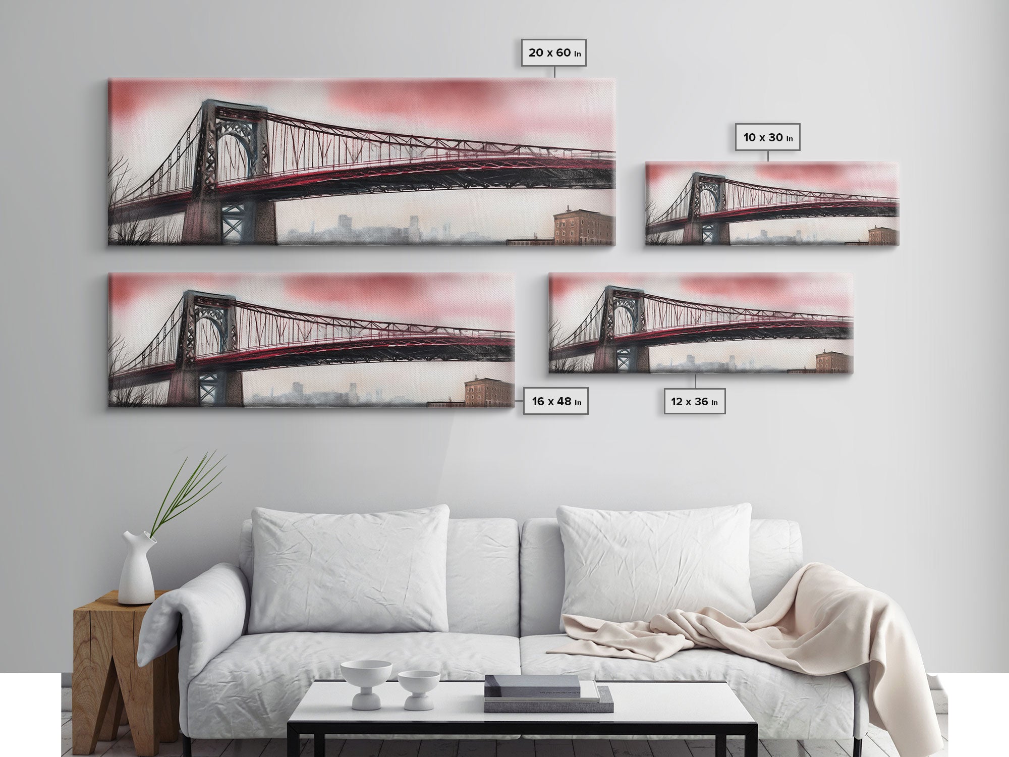 Suspension Bridge Canvas Print, City Art, City Skyline Art, Large Urban Art Print, Cityscape Wall Decor, Panoramic, Wall Art, Canvas Print