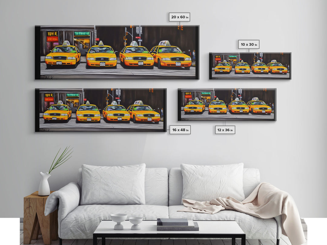 Yellow Taxis Canvas Print, City Art, Yellow Large Urban Art Print, Cars Wall Decor, Framed Canvas Print, Panoramic, Wall Art, Canvas Print