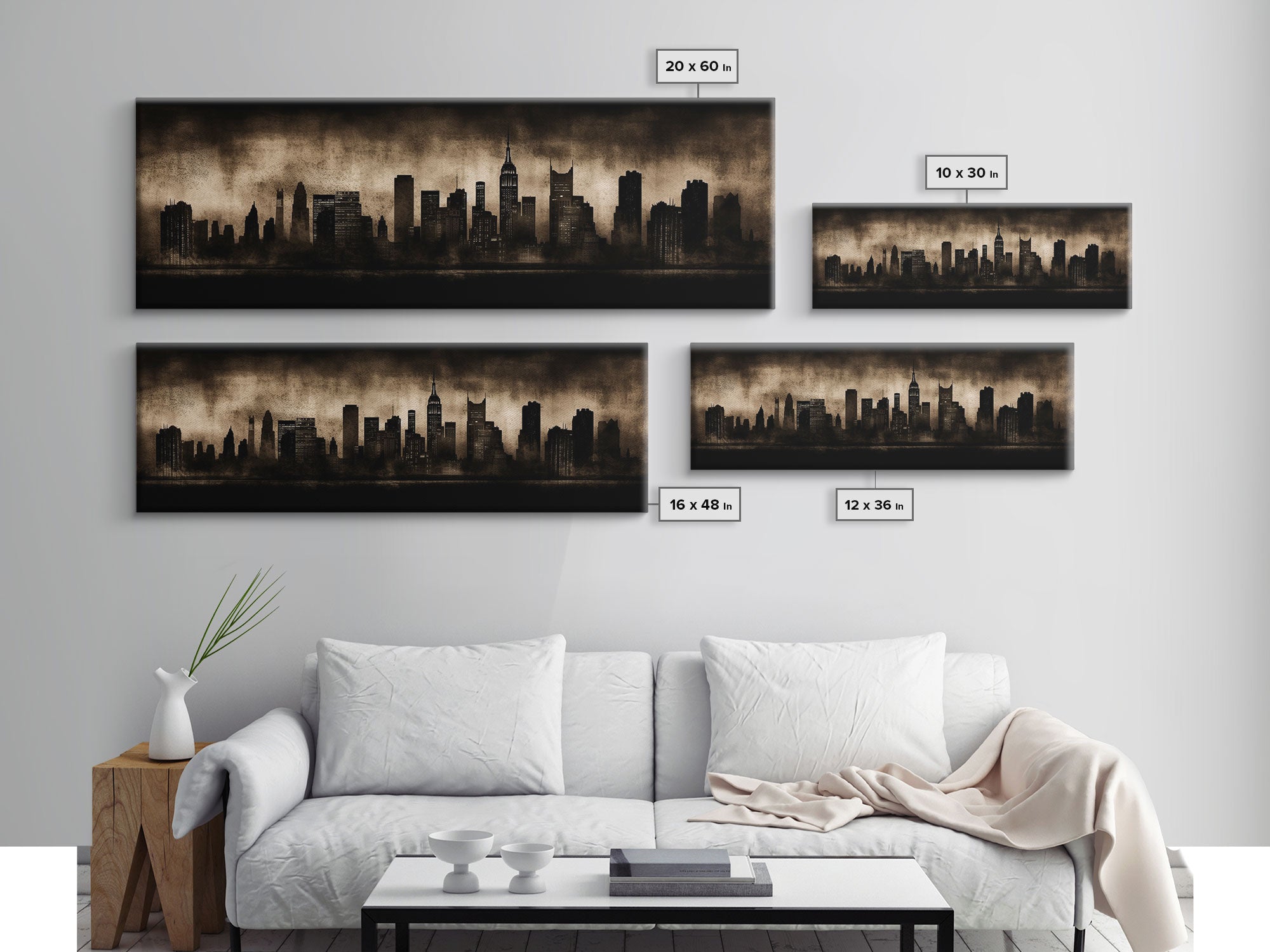 City Skyline Grunge Wall Art Canvas Print, City Art, Dark Urban Art, Large Urban Art Print, Wall Decor, Panoramic, Wall Art, Canvas Print