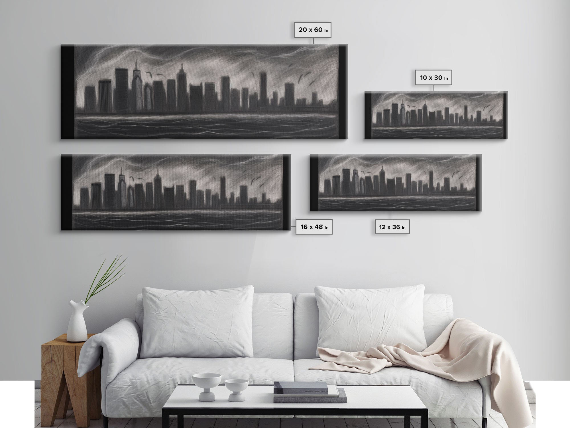 Cityscape Pencil Sketch Canvas Print, Buildings, Skyline, Urban Art, Large Urban Art Print, Wall Decor, Panoramic, Wall Art, Canvas Print