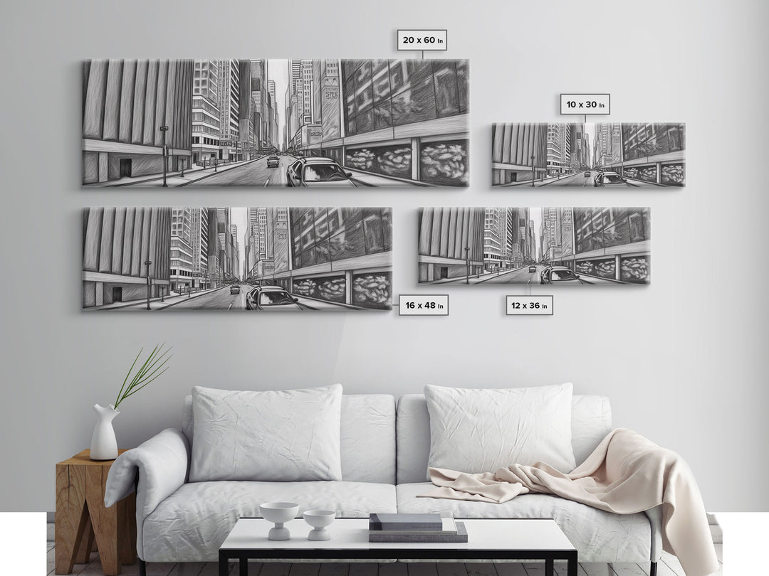 Pencil Sketch City Canvas Print, Buildings, Cars, Street, Urban Art, Large Urban Art Print, Wall Decor, Panoramic, Wall Art, Canvas Print