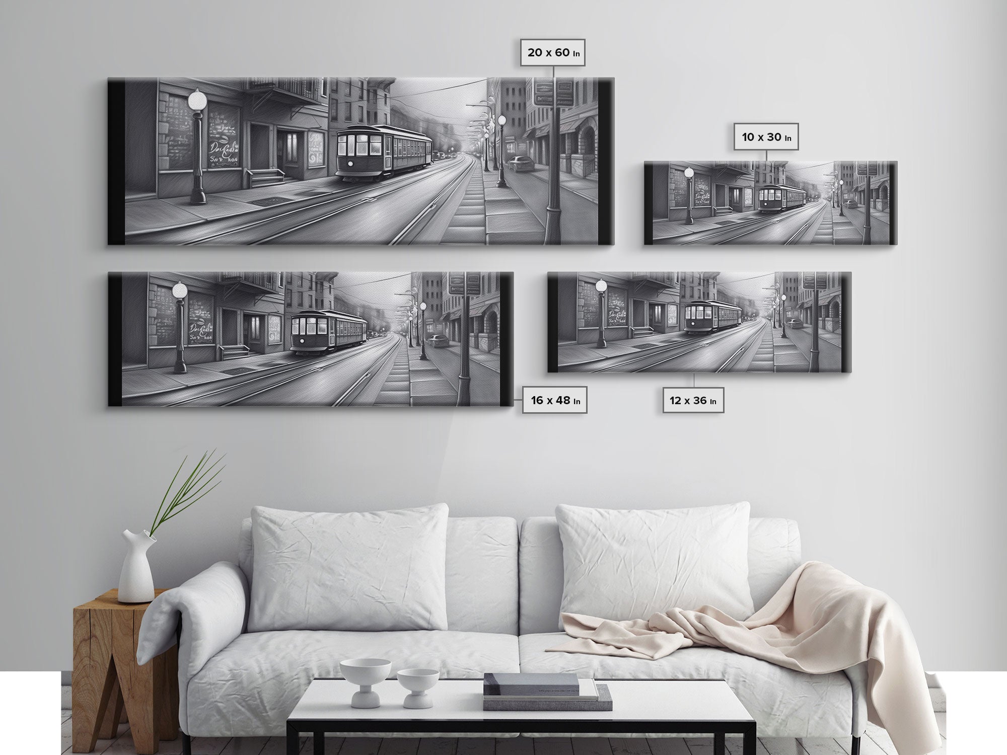 Monochromatic Tram Canvas Print, Pencil Sketch City Art, Wall Decor, Large Urban Art Print, Panoramic, Wall Art, Canvas Print