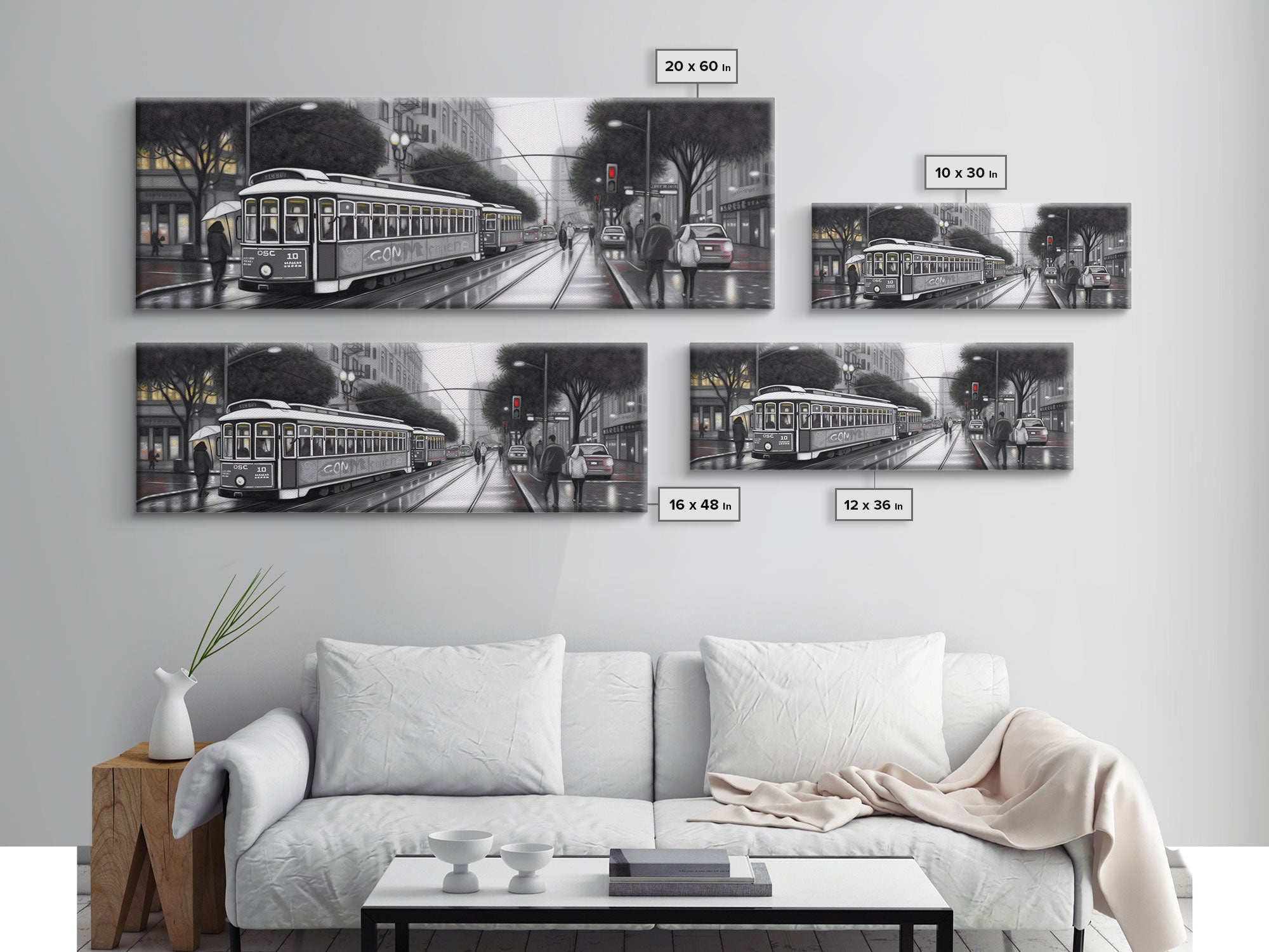 Tram In The City Canvas Print, Large Urban Art Print, City Art, Cityscape, Streetcar Wall Decor, Panoramic, Wall Art, Canvas Print