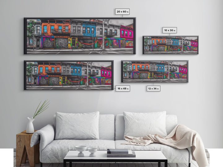 Run Down Row Of Buildings Canvas Print, Large Urban Art Print, Graffiti Street Art, Vibrant Art, Panoramic, Wall Art, Canvas Print