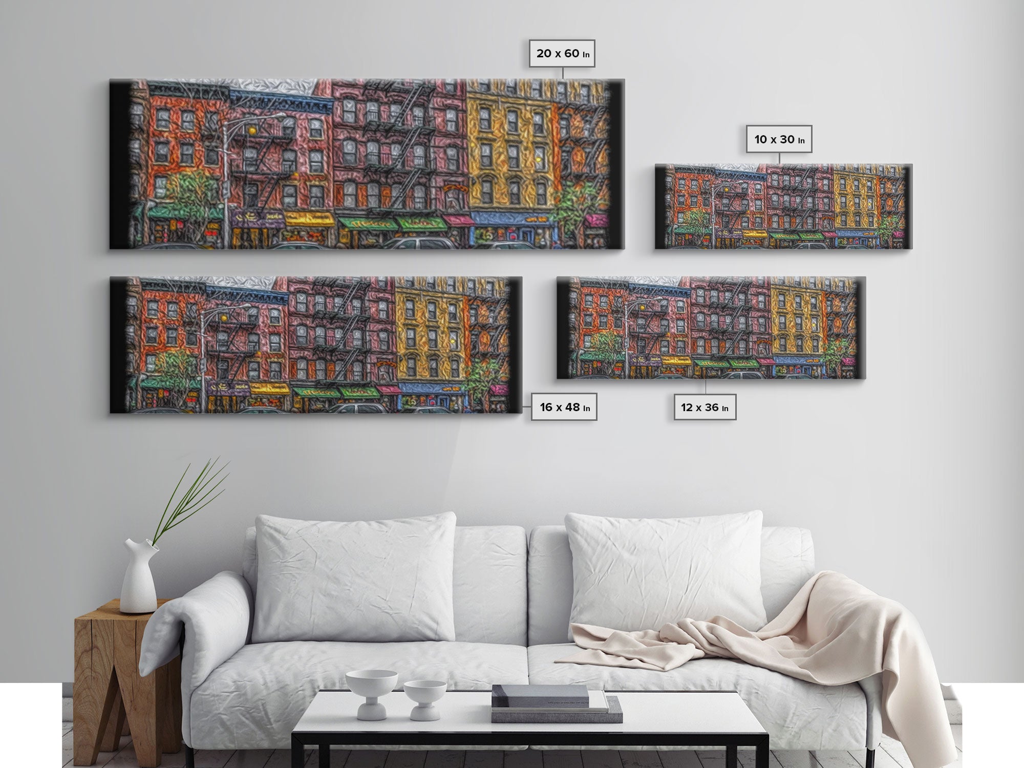 Abstract Row Of Buildings City Canvas Print, Large Urban Art Print, Cityscape Art, Vibrant Art, Panoramic, Wall Art, Canvas Print