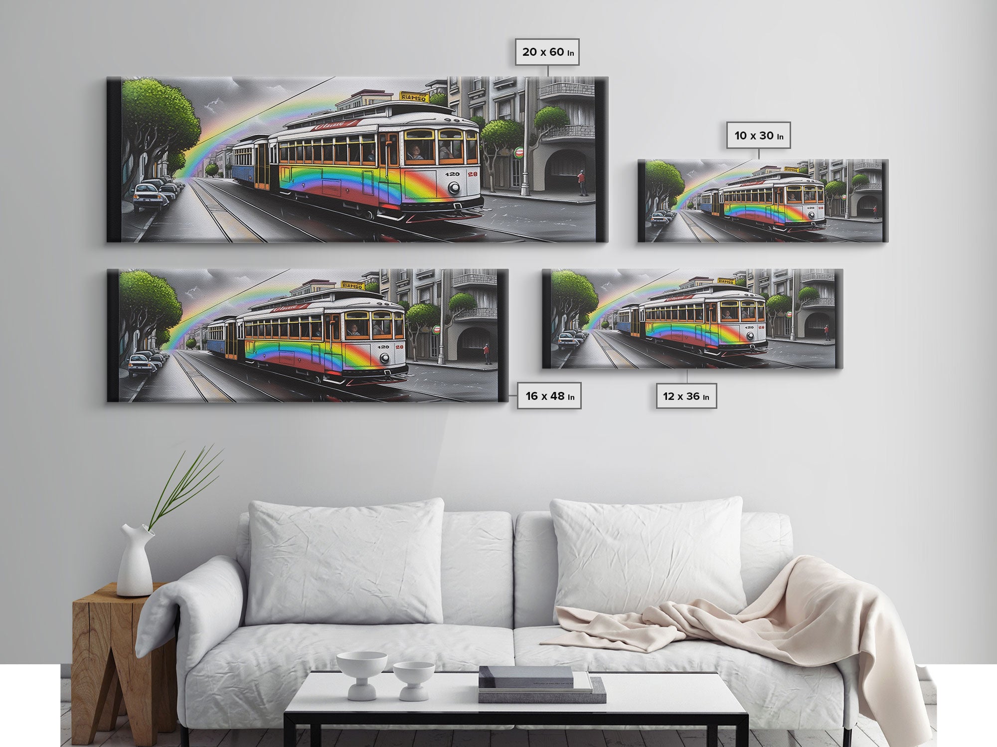 Streetcar Canvas Print, Urban Wall Art, Rainbow Canvas Art, Large Print, Framed Canvas, Wall Decor, Panoramic, Wall Art, Canvas Print