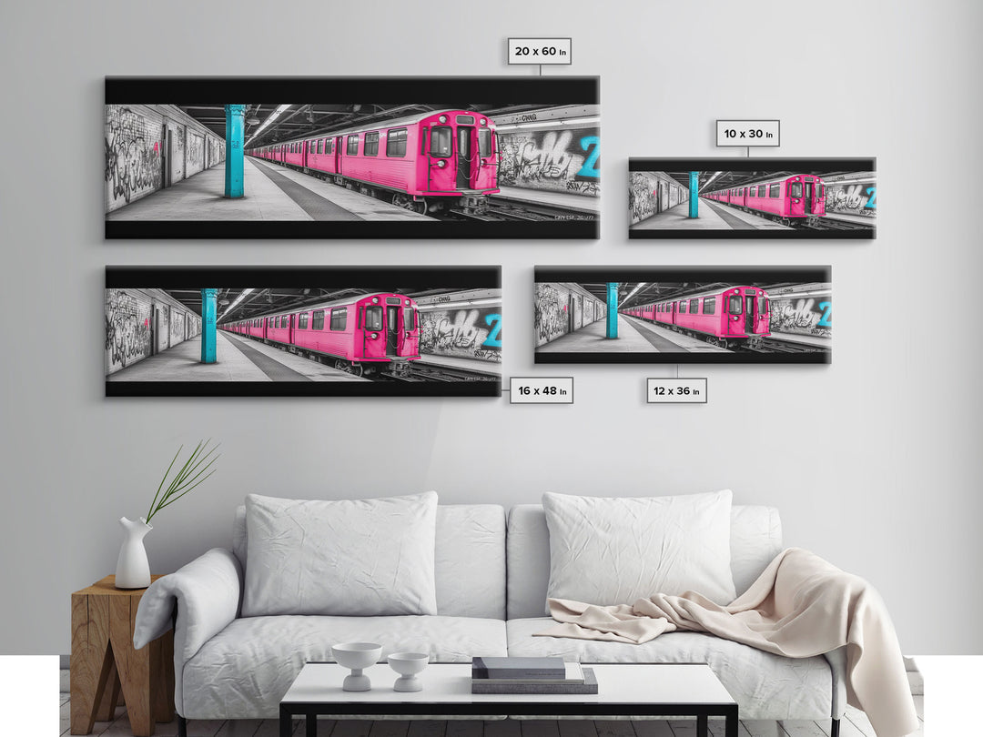 Graffiti On Subway Station, Graffiti Art Canvas, Pink Train, Wall Decor, Urban Art, Framed Canvas Print, Panoramic, Wall Art, Canvas Print