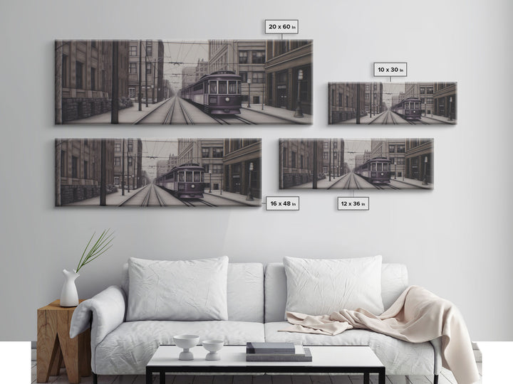 Streetcar Urban Art Print, Purple Train, Perspective Art, City Art, Urban Canvas Print, Panoramic, Wall Art, Canvas Print