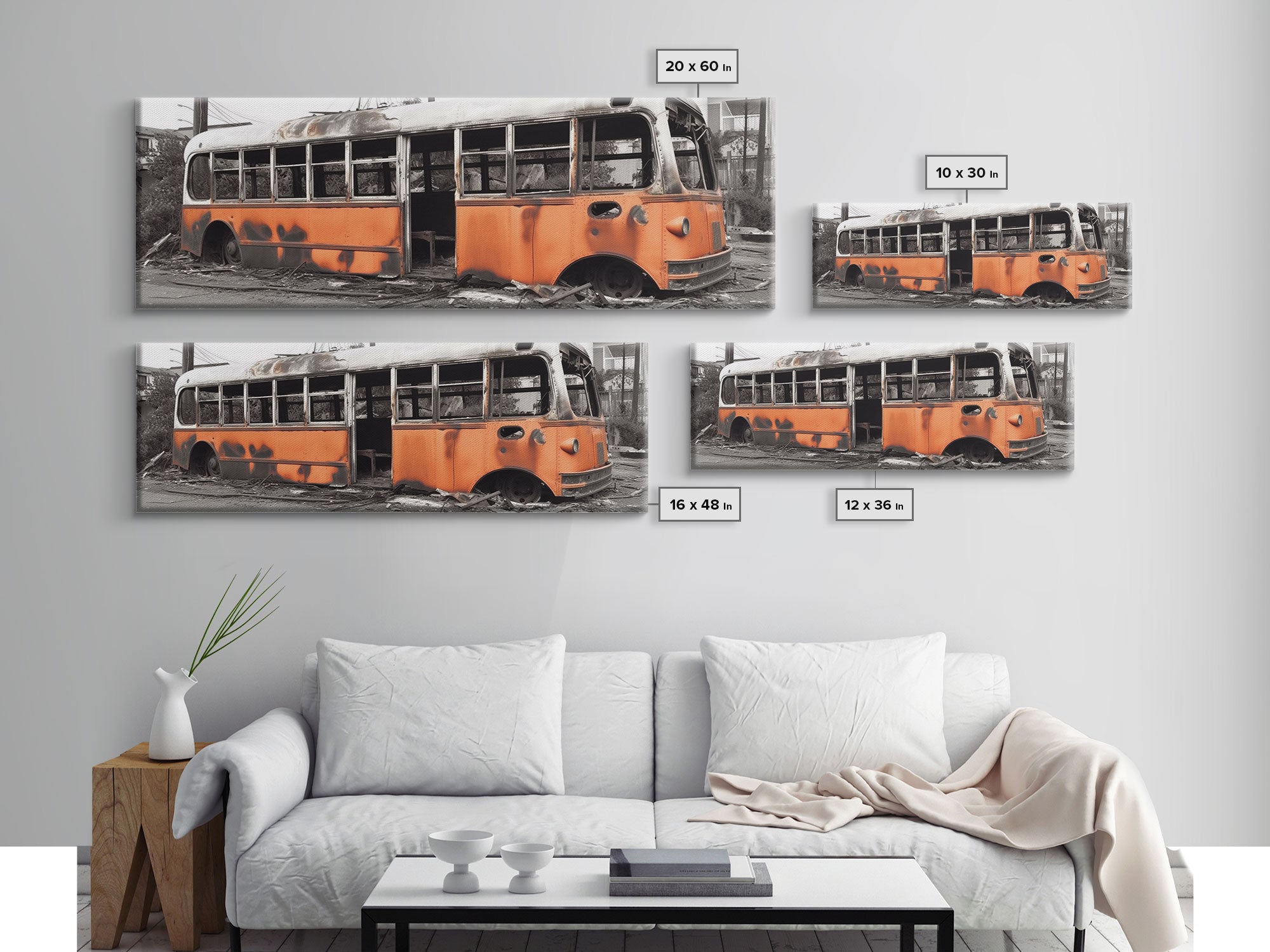 Old Burned Down Orange Bus, Abandoned Bus, Wall Decor, Bus Wreckage Canvas Art Print, Panoramic, Wall Art, Canvas Print