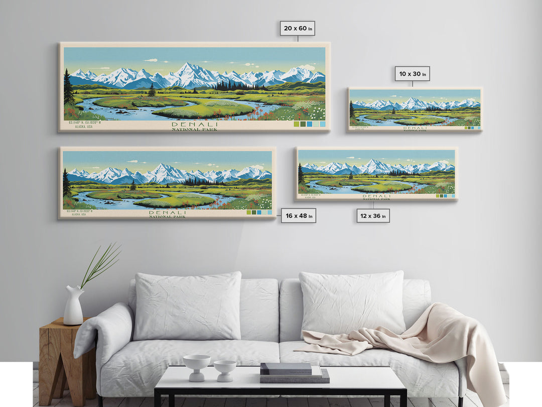 Denali National Park, Panoramic Alaska Travel Art, National Park Print, Minimalist Travel Art, Midcentury Modern Style Landscape