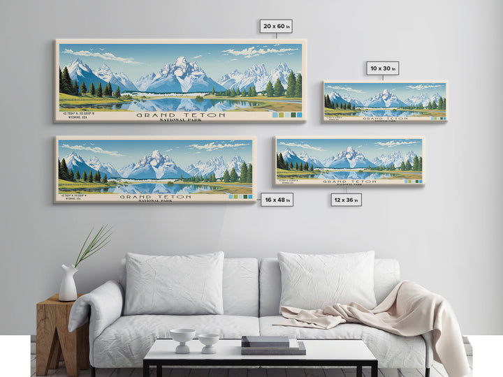 Grand Teton National Park Panoramic Wyoming Travel Art, National Park Print, Minimalist Travel Art, Subdued Watercolor Painting Panoramic