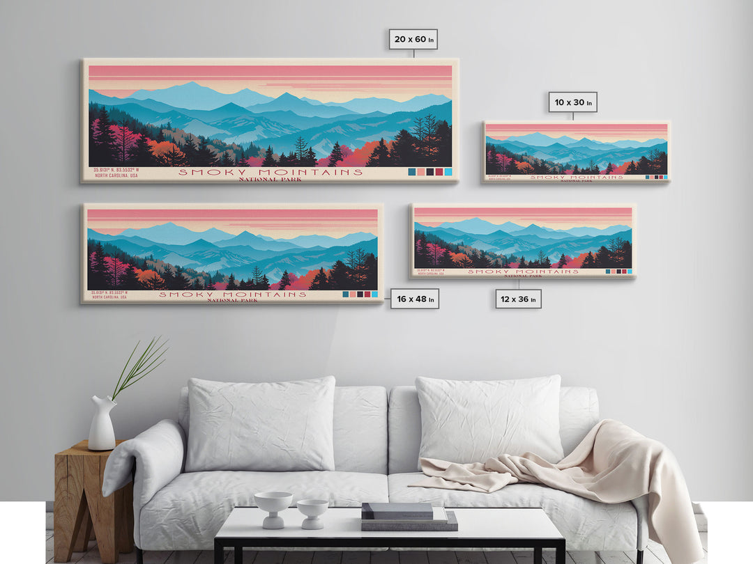 Smoky Mountains National Park, Panoramic North Carolina Travel Art, National Park Print, Minimalist Travel Art, Midcentury Modern Style