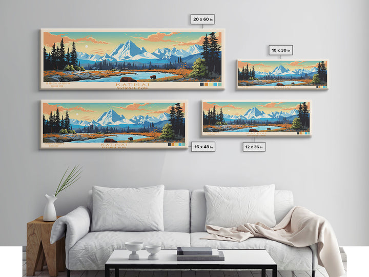 Katmai National Park, Panoramic Alaska Travel Art, National Park Print, Minimalist Travel Art, Midcentury Modern Style Landscape