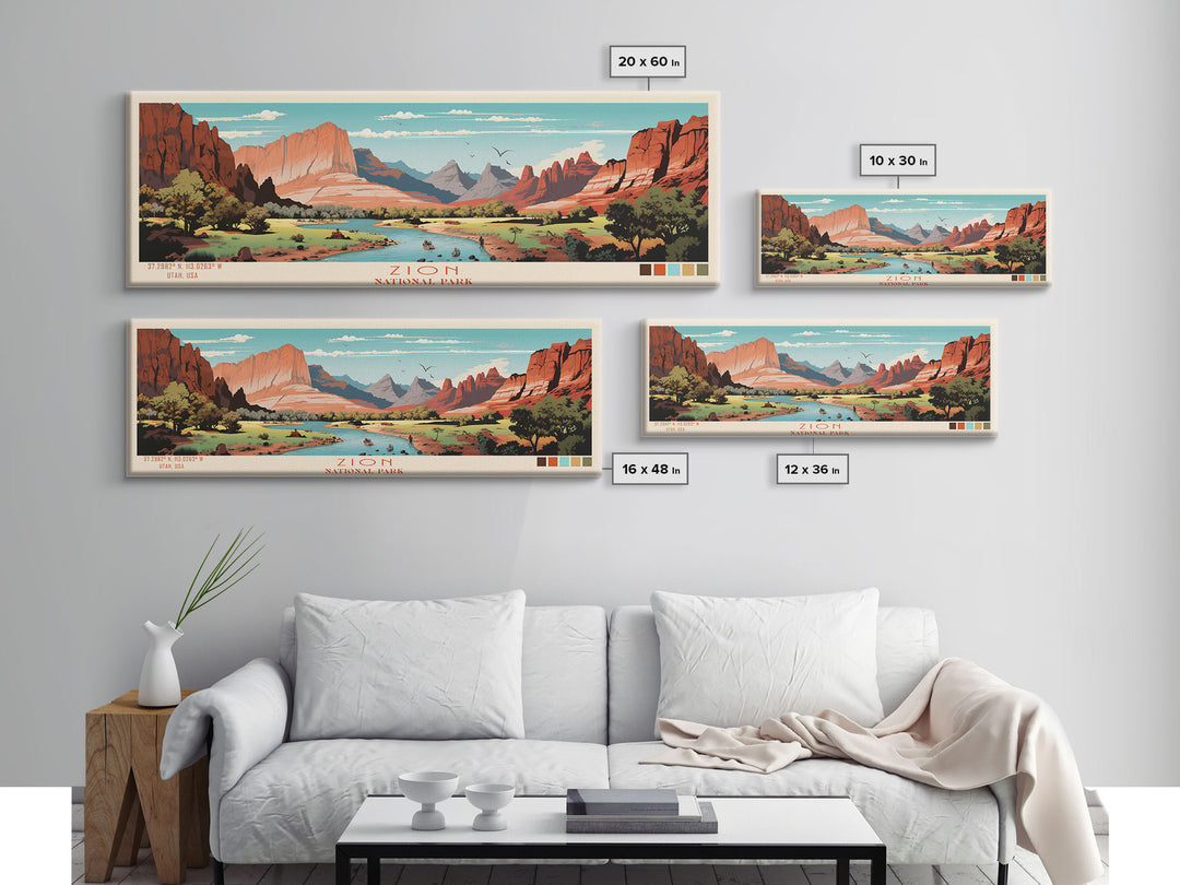 Zion National Park Panoramic Utah Travel Art, National Park Print, Minimalist Travel Art, Midcentury Modern Style Landscape