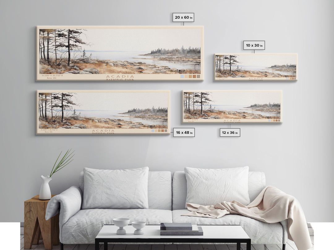 Acadia National Park Panoramic Maine Travel Art, National Park Print, Minimalist Travel Art, Subdued Watercolor Painting Panoramic