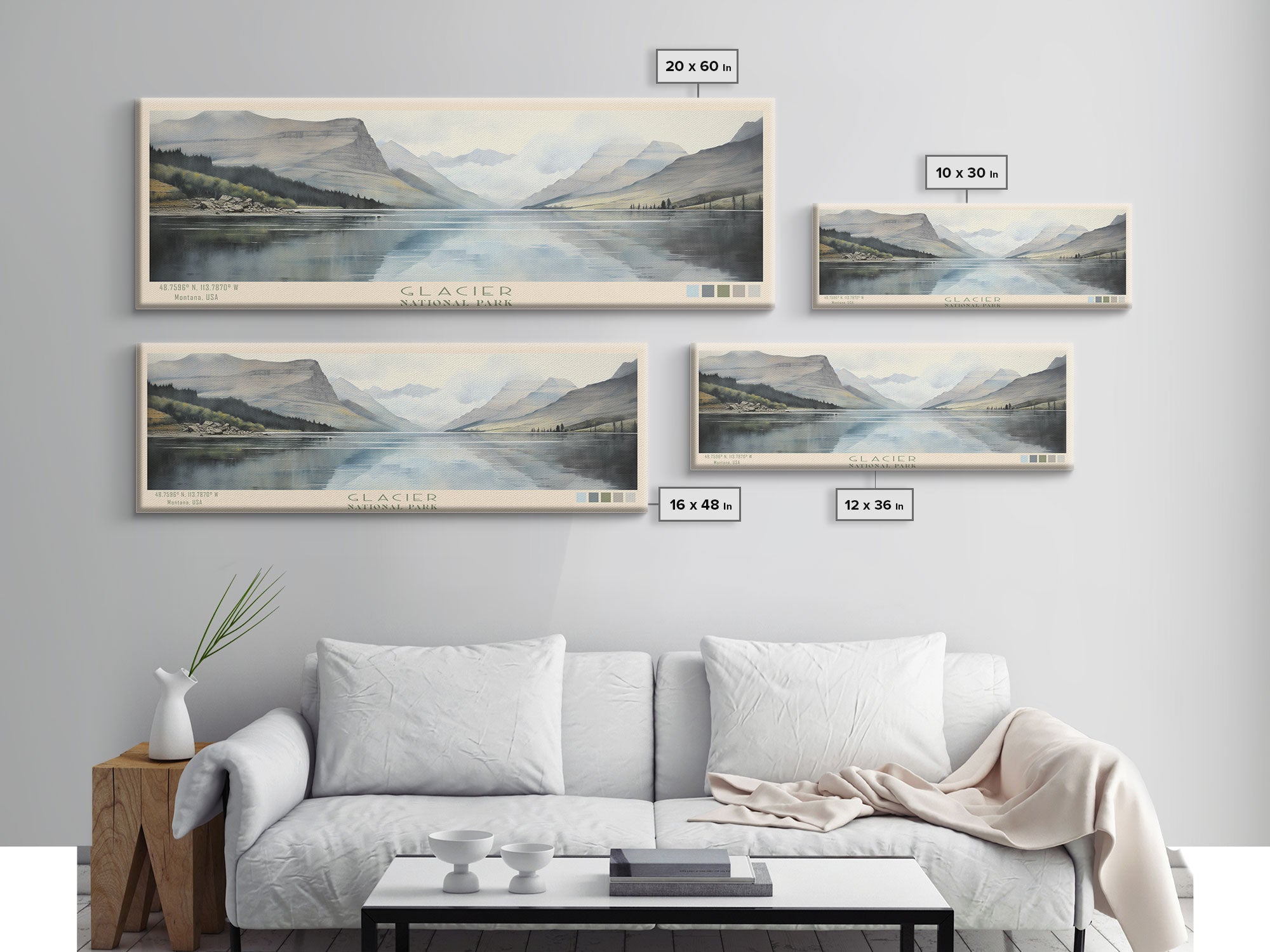 Glacier National Park Panoramic Montana Travel Art, National Park Print, Minimalist Travel Art, Subdued Watercolor Painting Panoramic