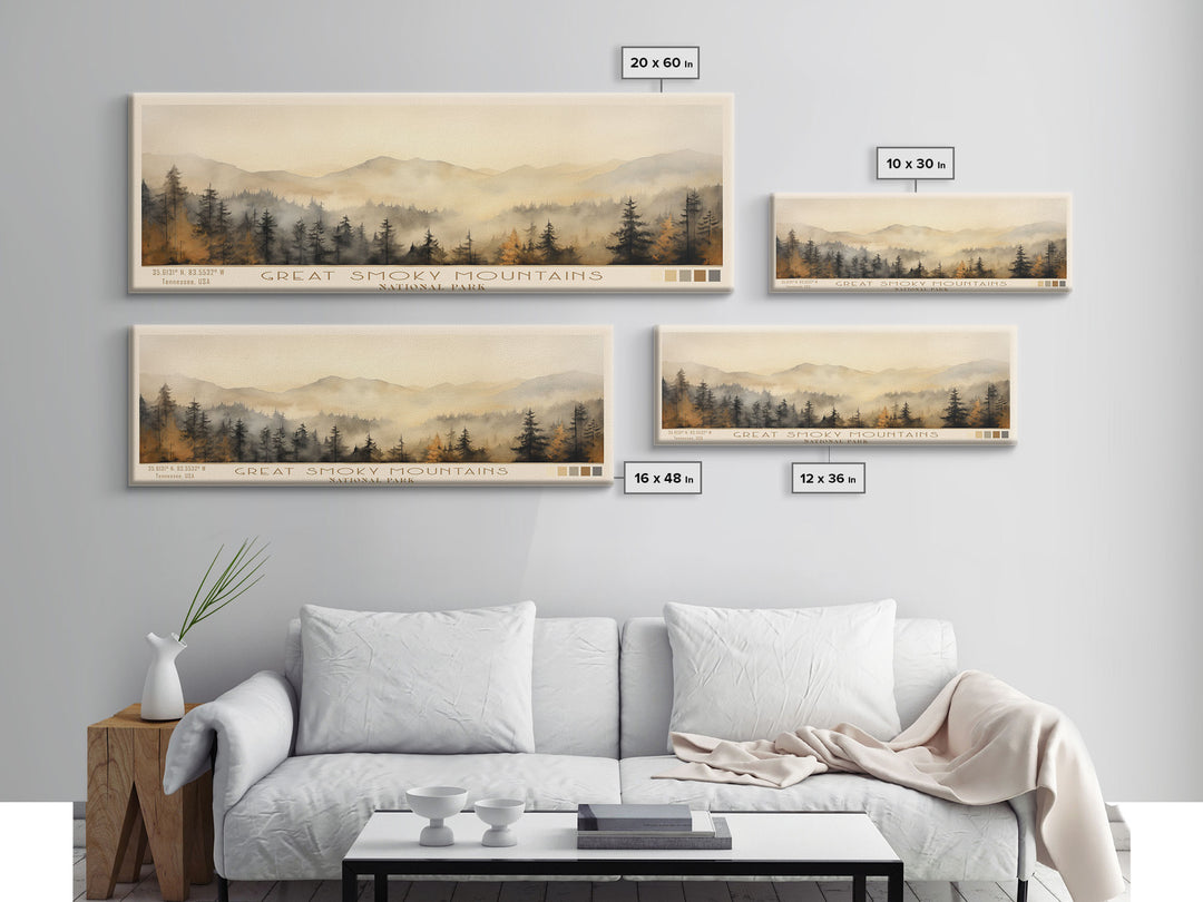 Great Smoky Mountains National Park Panoramic Travel Art, National Park Print, Minimalist Travel Art, Subdued Watercolor Painting Panoramic