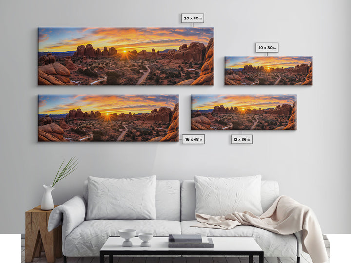 Photographic Panoramic of Arches National Park, Sunset Photography, National Park Art, Framed Canvas Print, Landscape Photography