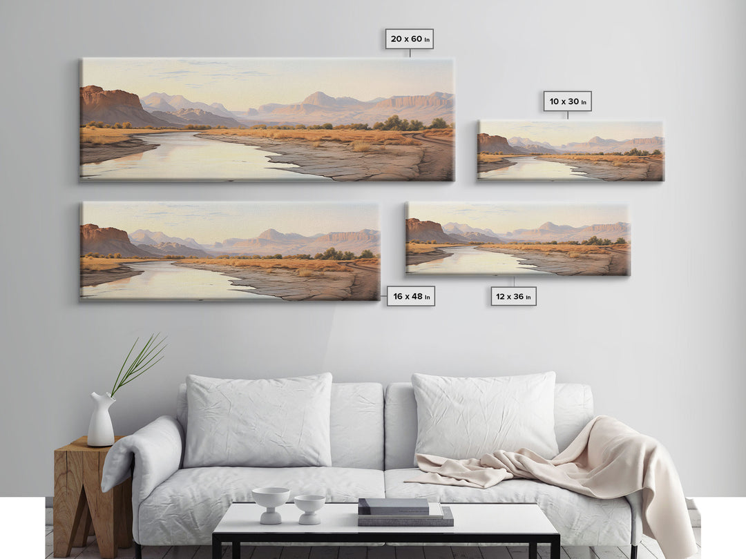 Ultrawide Panoramic Watercolor Landscape Painting Of a Utah Desert, Framed Canvas Print, Subdued Boho Minimalist Wall Art