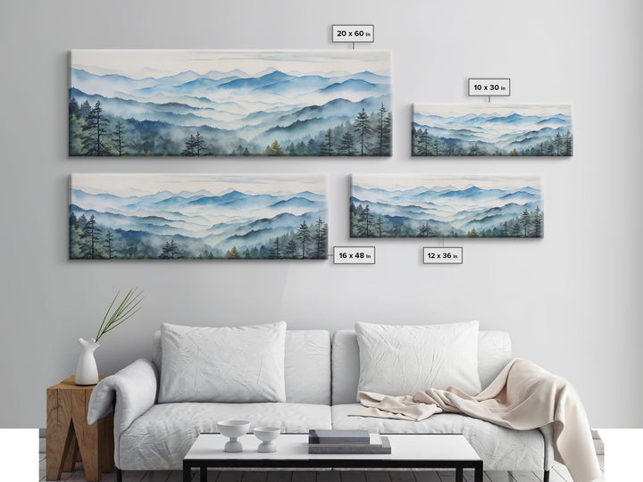 Blue Ridge Mountains National Park Panoramic Watercolor Painting Framed Canvas Print Large Wall Art