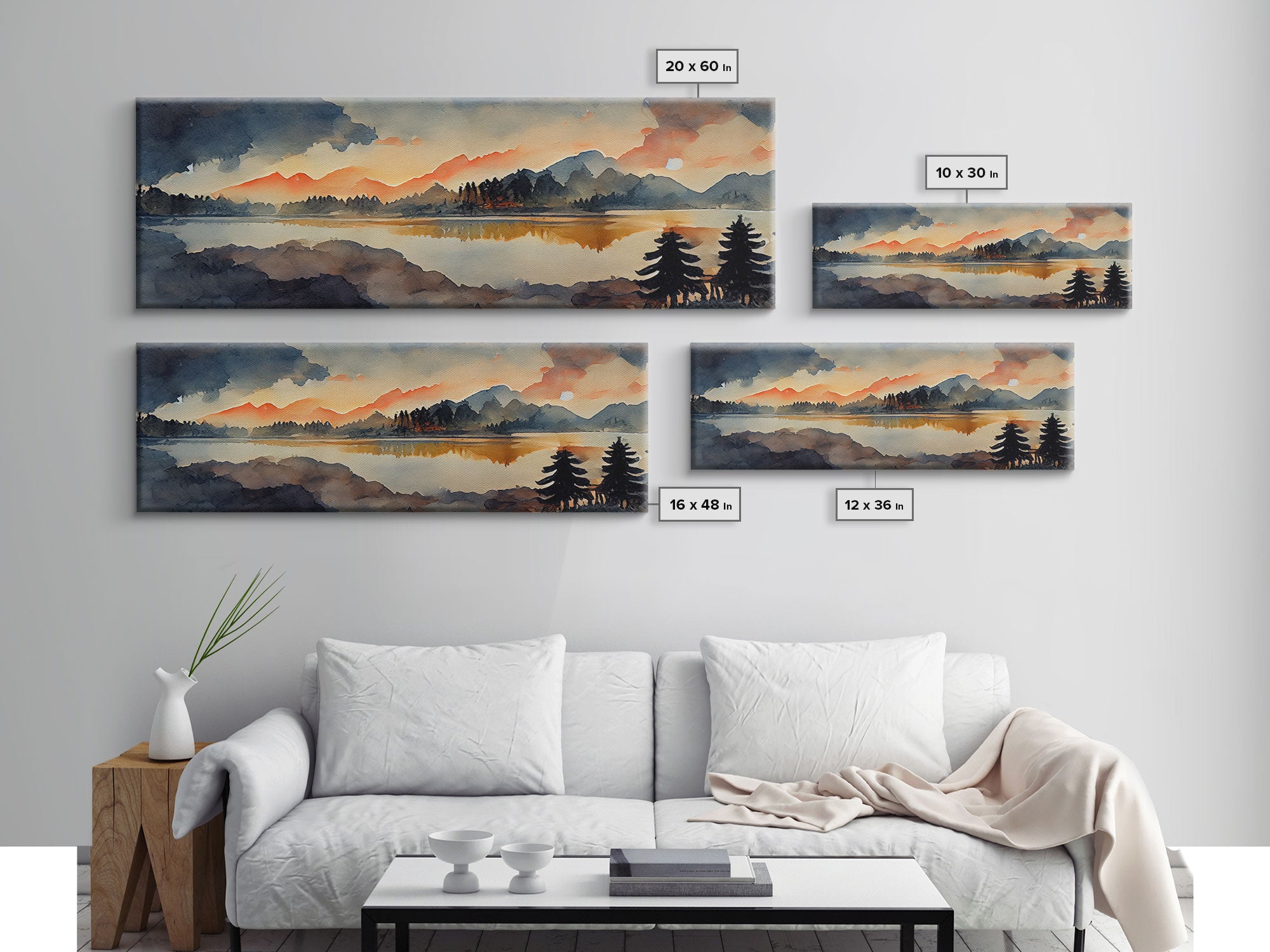 Watercolor painting of a forest fire, canvas print, landscape art, cool living room art, depressing art, Panoramic Ready To Hang wall decor