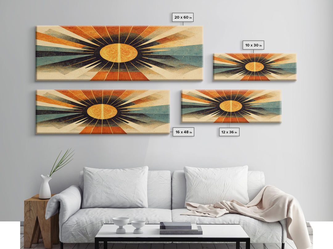 Sunset Art Deco Sunburst Wall Art, Ready To Hang Canvas Print, Panoramic Art, Art Deco Wall Decor, Above Bed, Above Couch, Above Sofa