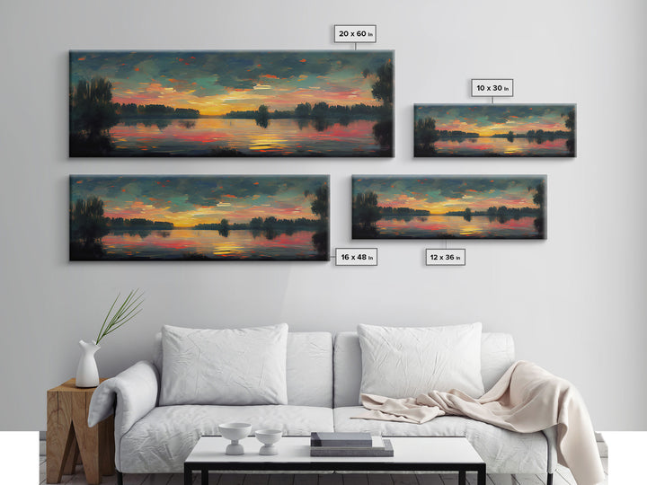 Cool Sunset Over The Lake, Ready To Hang Canvas Print, Panoramic Art, Lakehouse Wall Decor, Lake House Art, Beach House Art